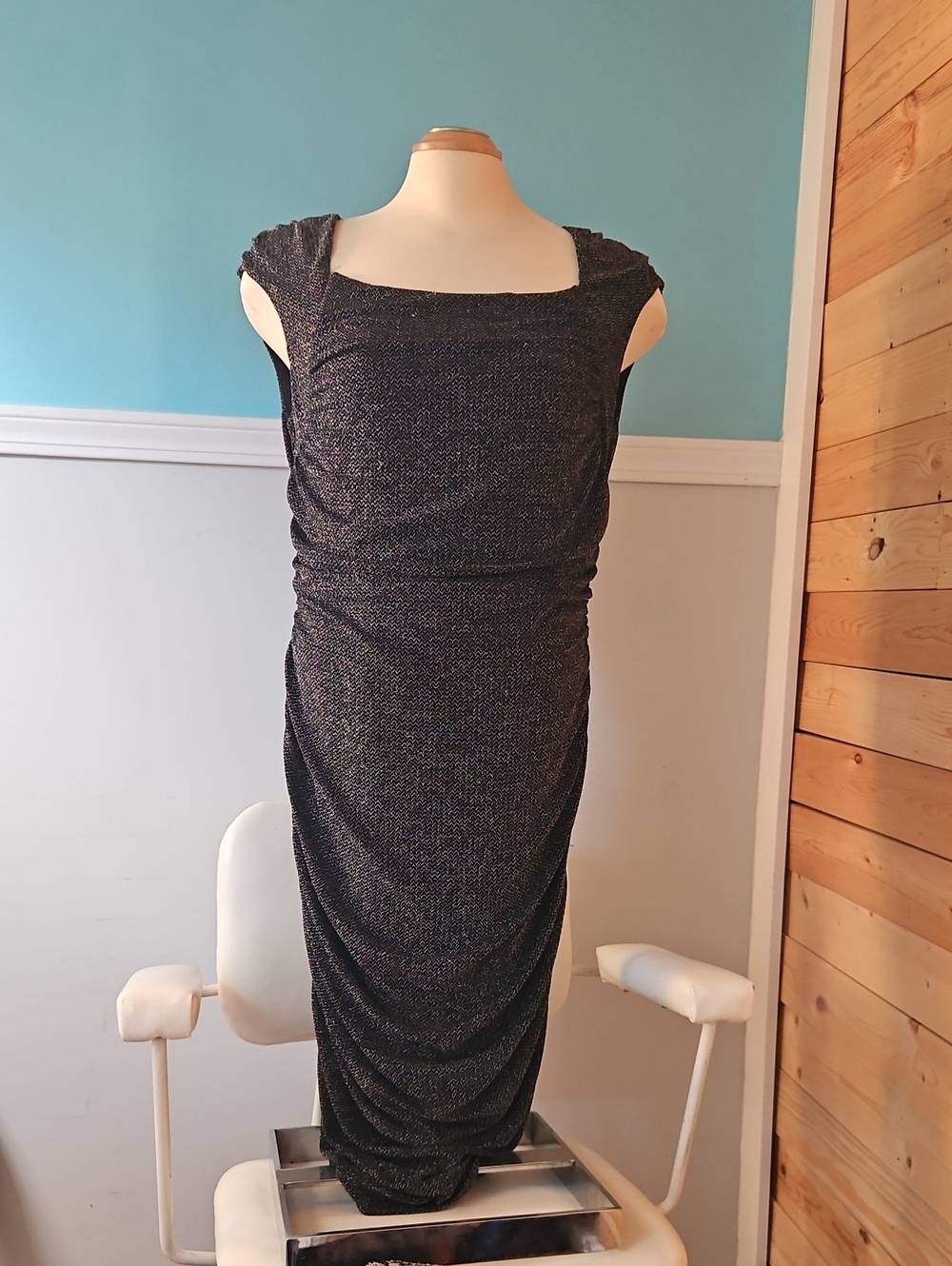 Ricki's Black Sparkle Ruched Square-Neck Midi Dress